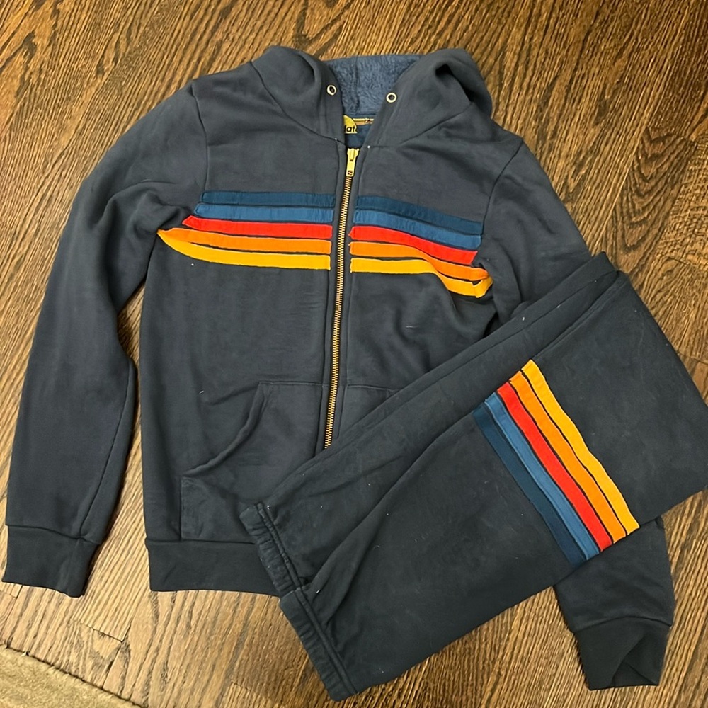 Aviator Nation set - Deep Ocean 5-Stripe Hoodie & Rainbow Sweats. Size 12. EUC.